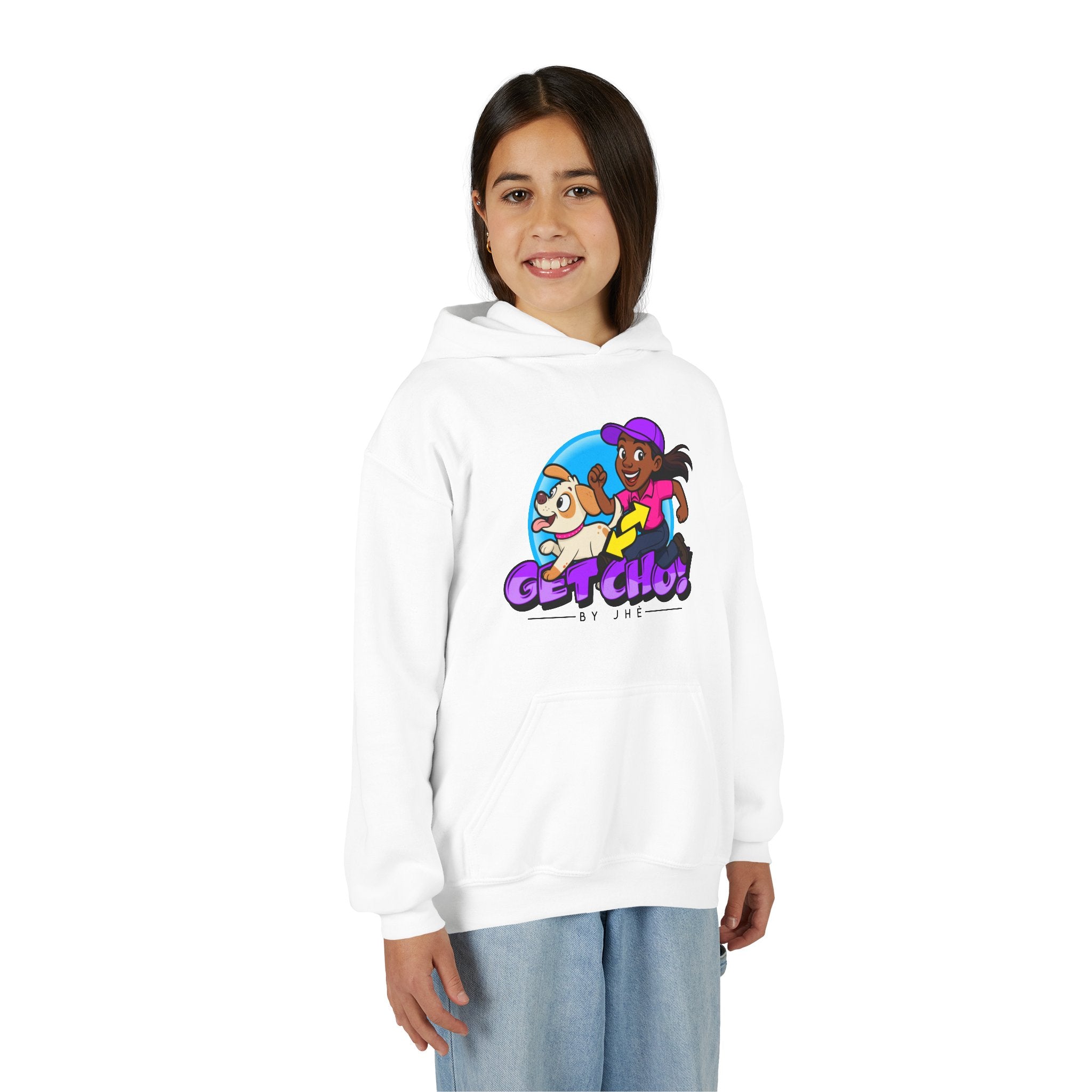 Youth Hoodie — 'GET CHO!' Cartoon Kids Running Graphic Sweatshirt