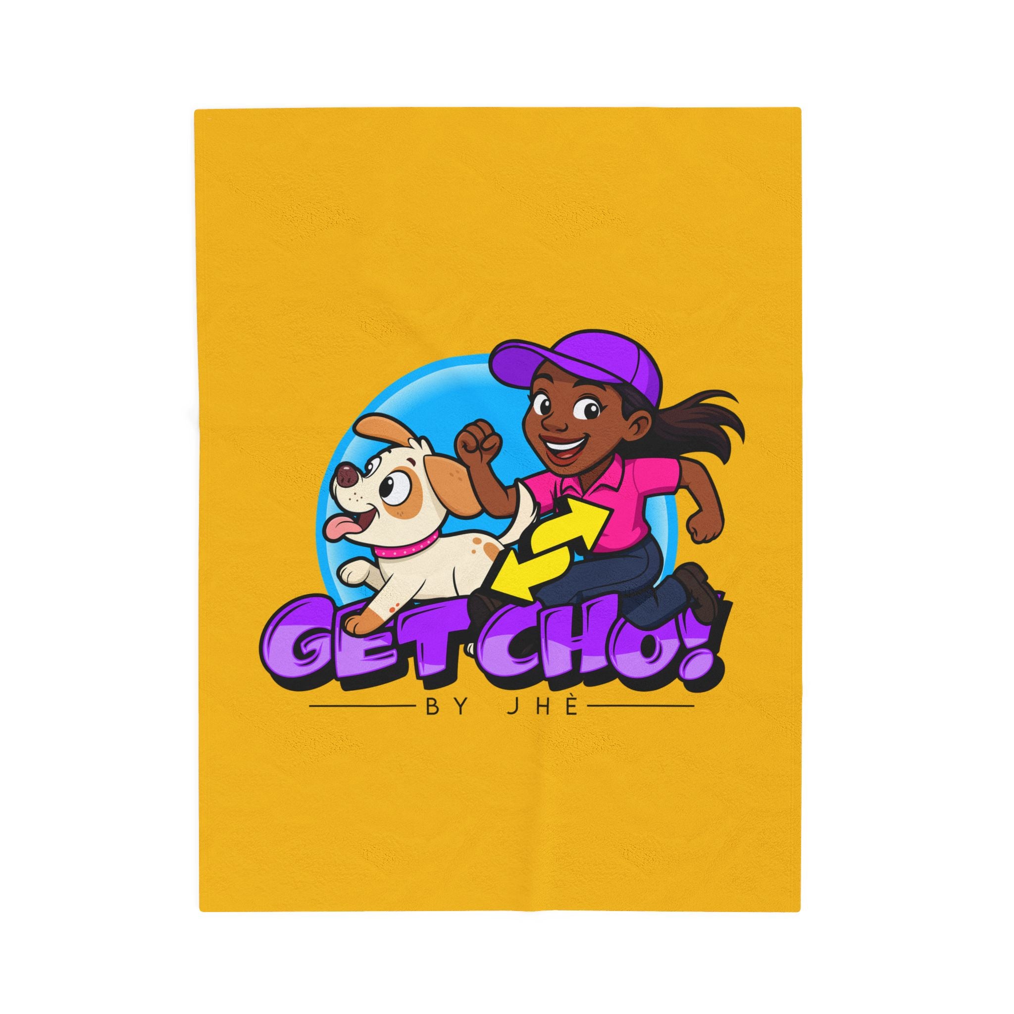 Velveteen Plush Blanket — "Get Cho!" Kids Cartoon Dog & Runner Throw