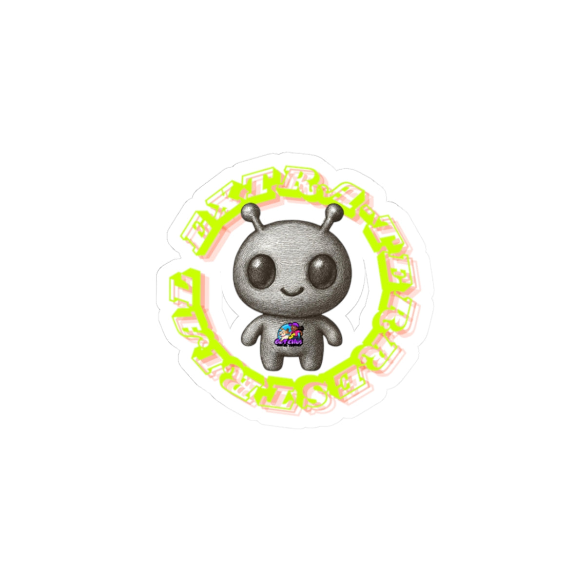 Kawaii Alien Kiss-Cut Sticker — Cute Grey Alien with Neon Text, Laptop & Gift Sticker