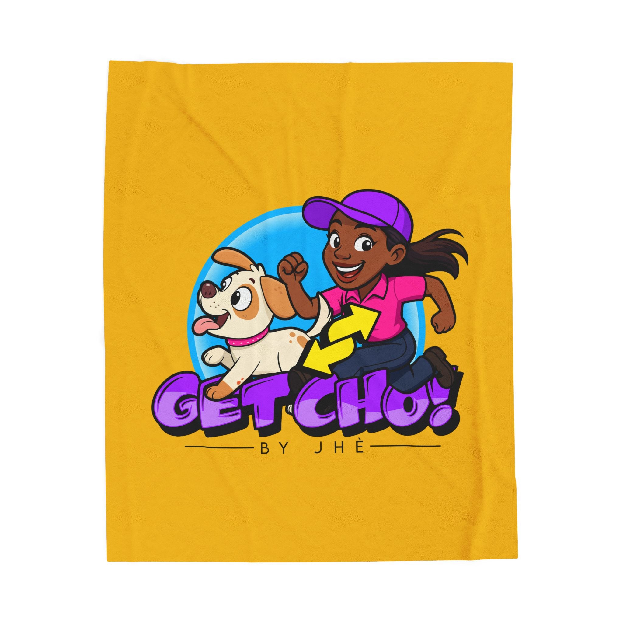 Velveteen Plush Blanket — "Get Cho!" Kids Cartoon Dog & Runner Throw