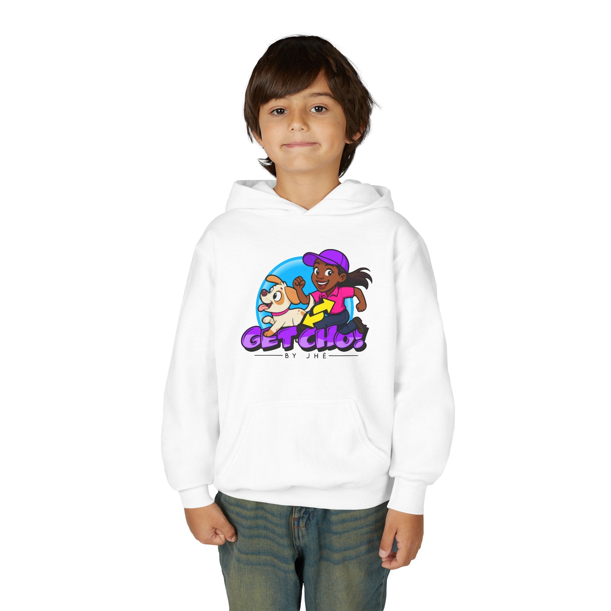 Youth Hoodie — 'GET CHO!' Cartoon Kids Running Graphic Sweatshirt