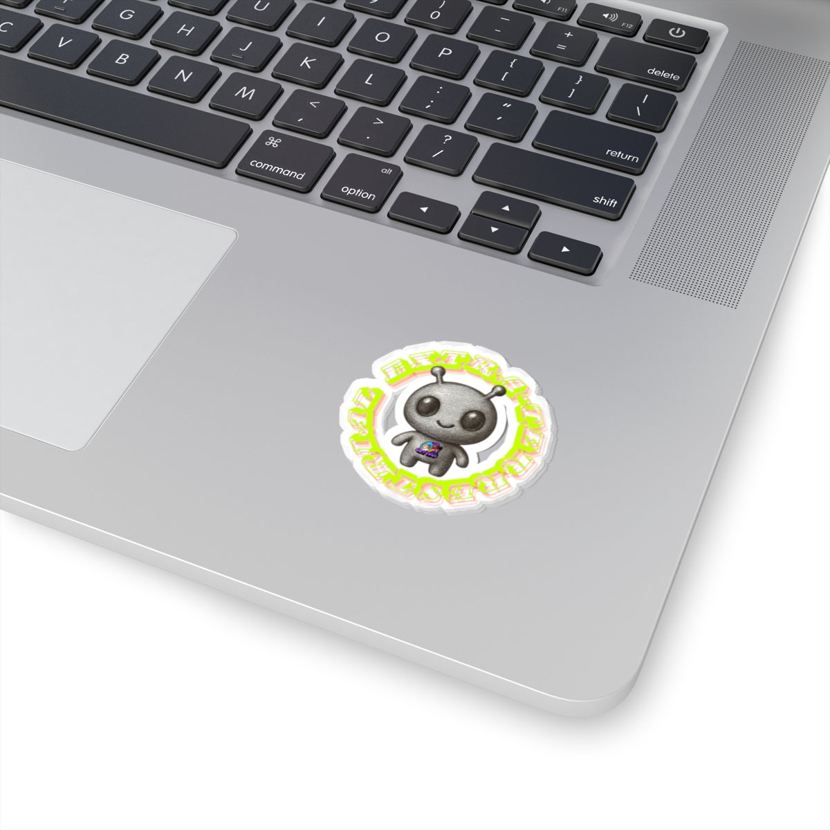 Kawaii Alien Kiss-Cut Sticker — Cute Grey Alien with Neon Text, Laptop & Gift Sticker