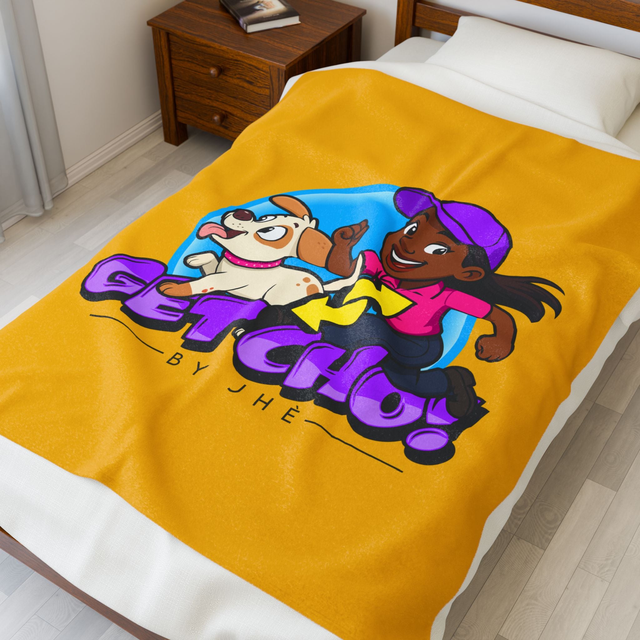 Velveteen Plush Blanket — "Get Cho!" Kids Cartoon Dog & Runner Throw