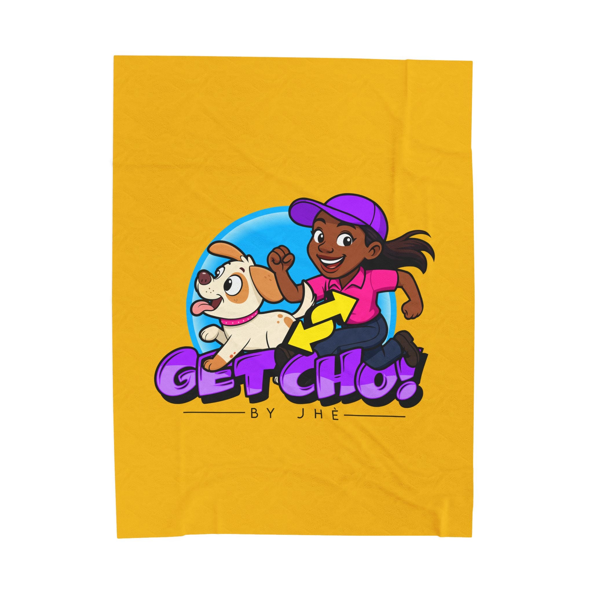 Velveteen Plush Blanket — "Get Cho!" Kids Cartoon Dog & Runner Throw