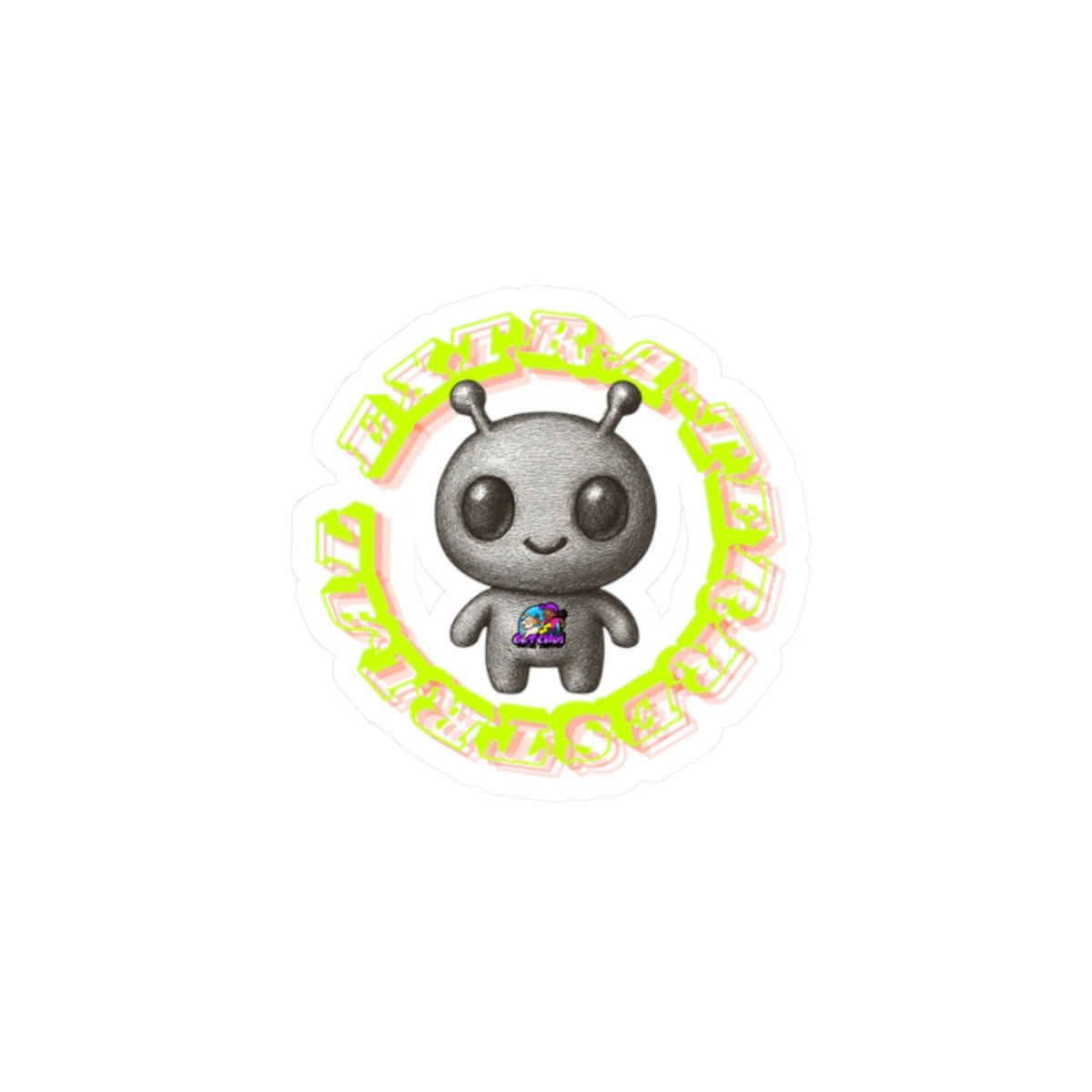 Kawaii Alien Kiss-Cut Sticker — Cute Grey Alien with Neon Text, Laptop & Gift Sticker